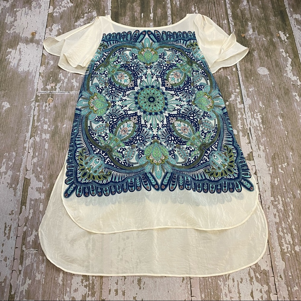 Maeve Anthropologie Ivory Silk Floral Mandala Print Short Sleeve Top Size XS